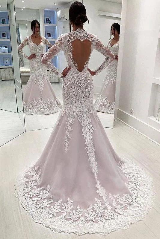 Vintage Sleeves Mermaid Long Open Back Wedding Dress Classic Women's Tweed
