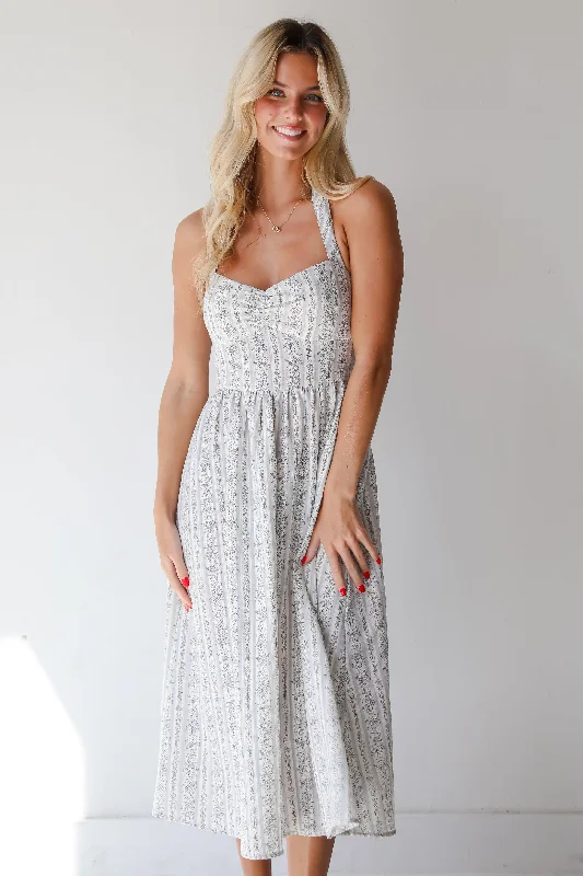 FINAL SALE - Breezy Composure Blue Striped Floral Halter Midi Dress Practical Women's Quick - dry
