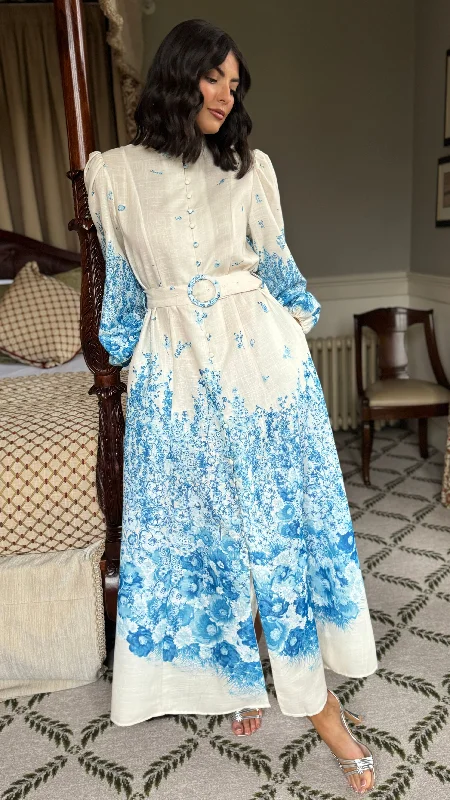 Cassie Beige & Blue Floral Printed Midi Dress Adventure