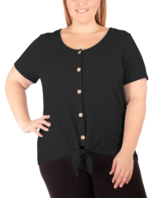 Plus Size Short Sleeve Button Front Top With Tie At Hem