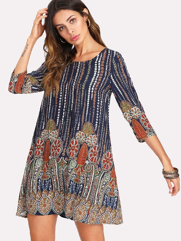 Tribal Three Quarter Length Sleeve Round Neck Straight Natural Short Dress