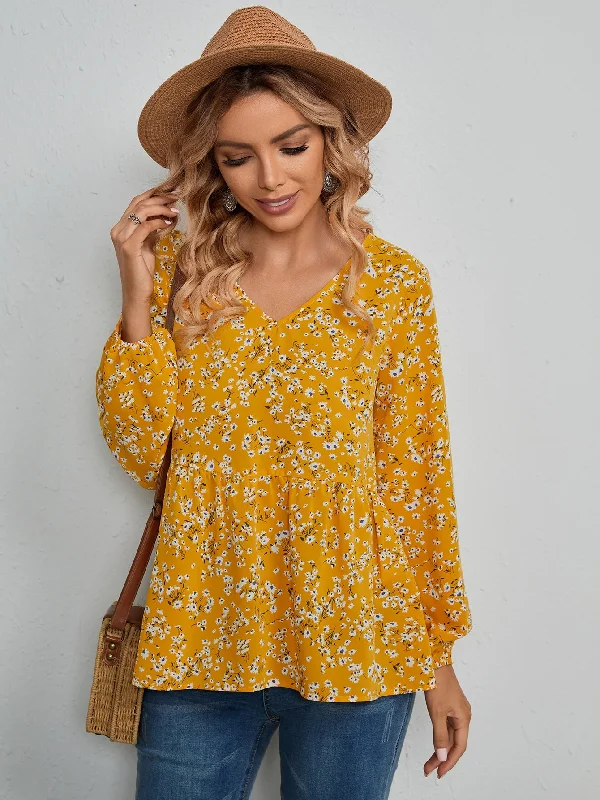 Boho Ditsy Floral Ruffle Hem Long Sleeve V Neck Flared Regular Blouse French