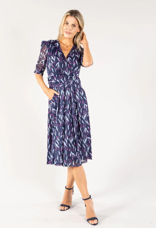 Leaf Print Mesh Wrap Midi Dress