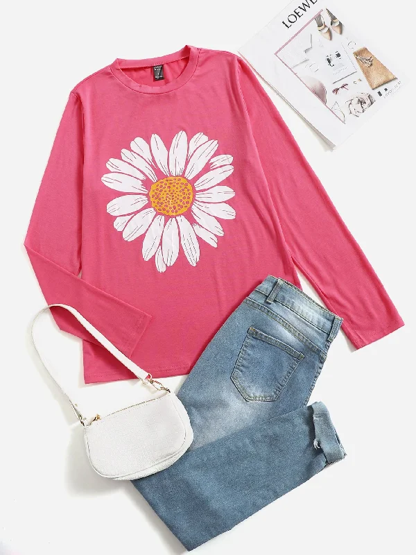 Casual Floral Long Sleeve Round Neck Regular Women T-Shirt Disco
