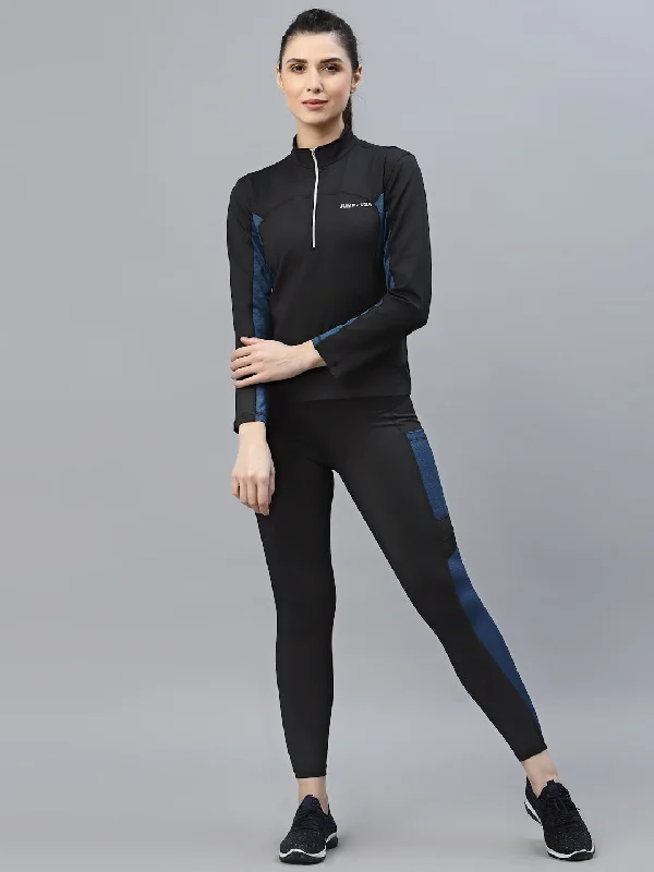 JUMP USA Women Black & Teal Solid Rapid-Dry Outdoor T-shirt Cozy Women's Winter