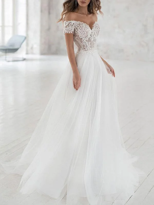 Simple Wedding Dress Tulle Off The Shoulder Short Sleeves Lace A Line Bridal Gowns