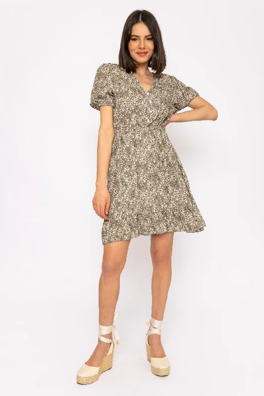 Kimberley Short Dress In Khaki Floral Print