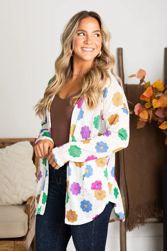Ivory Floral Open Front Cardigan Bohemian Women's Free