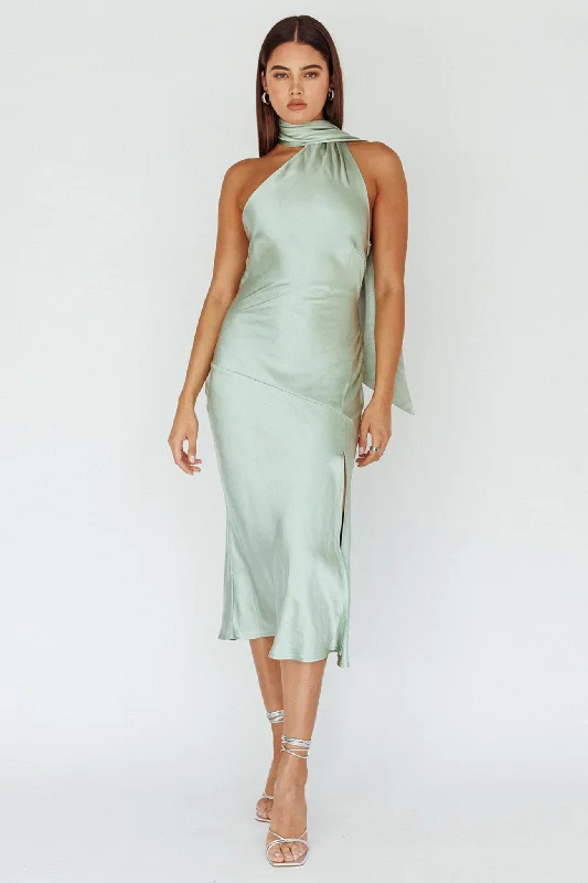Italian Summer Tie Neck Midi Dress Sage Disco