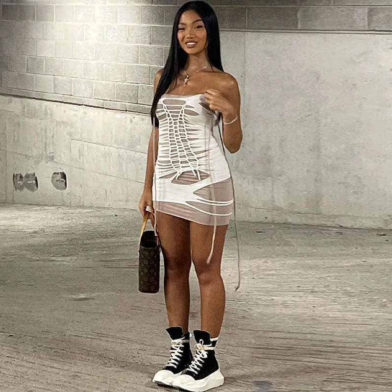 BerryBetty - Slashed Strappy Ladder Cutout Bodycon Strapless Club Mini Dress - White Street BerryBetty - Slashed Strappy Ladder Cutout Bodycon Strapless Club Mini Dress - White Street