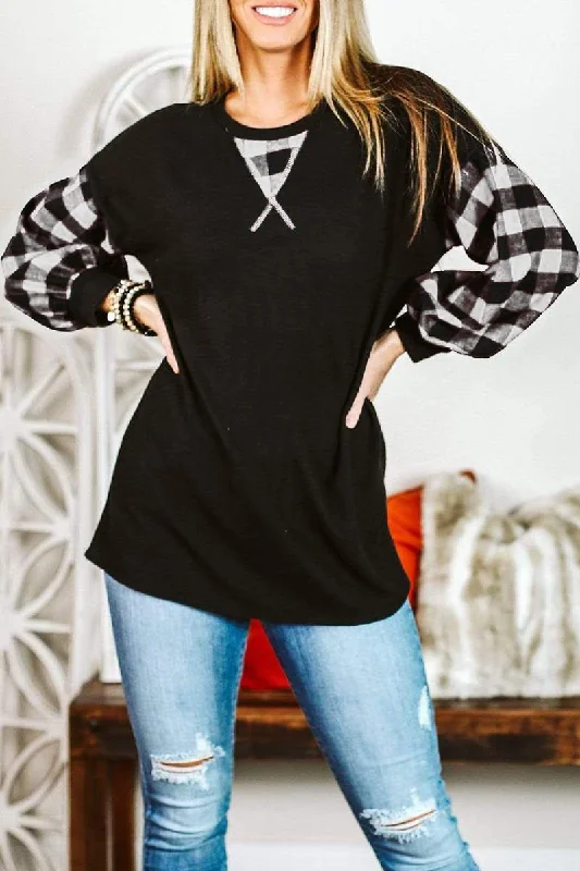 Casual Plaid Split Joint O Neck Tops Trendy Women's 