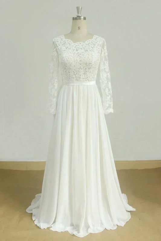 Bridelily Long Sleeve A-line Lace Chiffon Wedding Dress Classic Women's Tweed