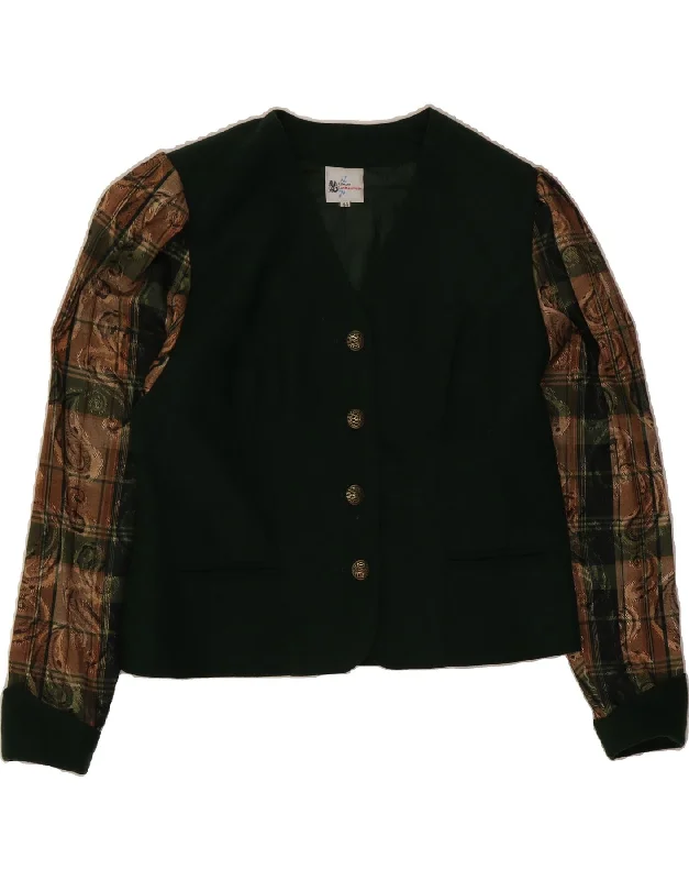 VINTAGE Womens Crop 4 Button Blazer Jacket EU 44 Large Green Paisley Wool Scandinavian