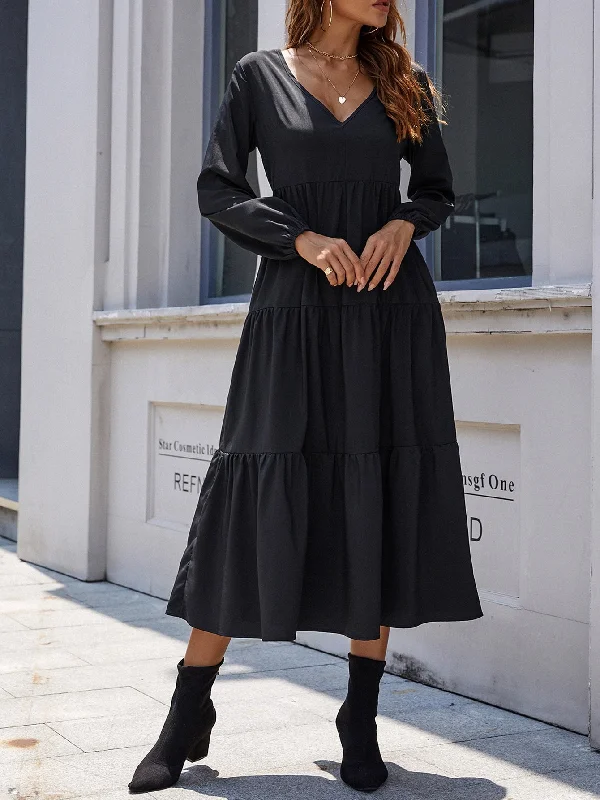 Plain Ruffle Hem Long Sleeve V Neck Flounce High Waist Long Dress Disco