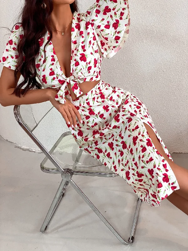 All Over Print Tie Front Short Sleeve Deep V Neck Slit High Waist Midi Dress