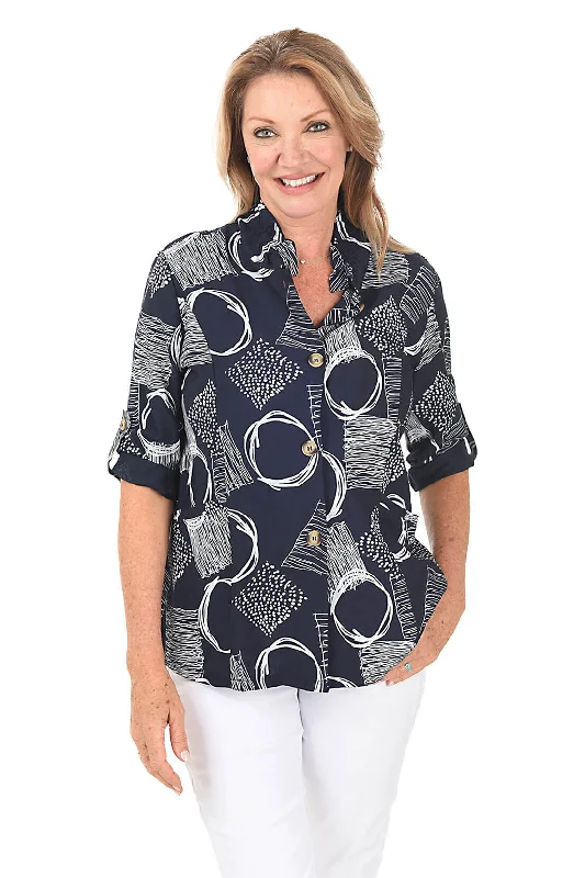 Navy Out Of Focus Button-Front Shirt Vacation