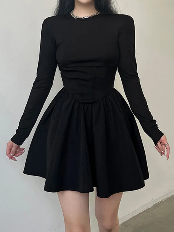 BerryBetty - Corset Detail Black Long Sleeve Mini Dress Rugged Women's Outdoor 