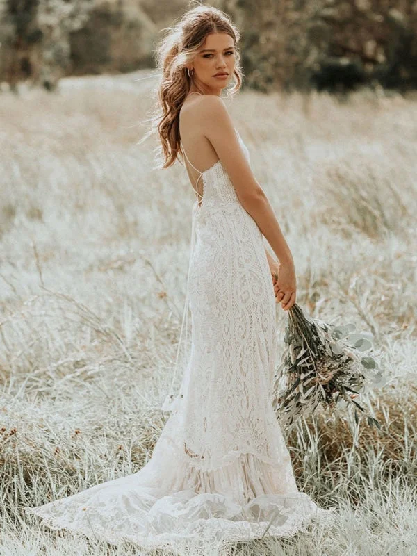 Boho Wedding Dress 2021 Lace A Line Halter Sleeveless Floor Length Bridal Gown With Train