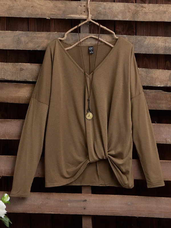 Casual Plain Twist Long Sleeve V Neck Regular Women T-Shirt Business