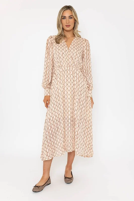 Long Sleeve Printed Midi Dress in Cream Vintage Women's 1970S 