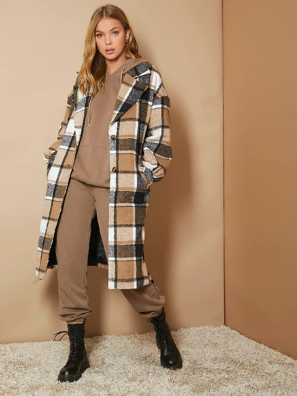 Plaid Belted Long Sleeve Lapel Midi Women Overcoat Luxurious Women's High -  end