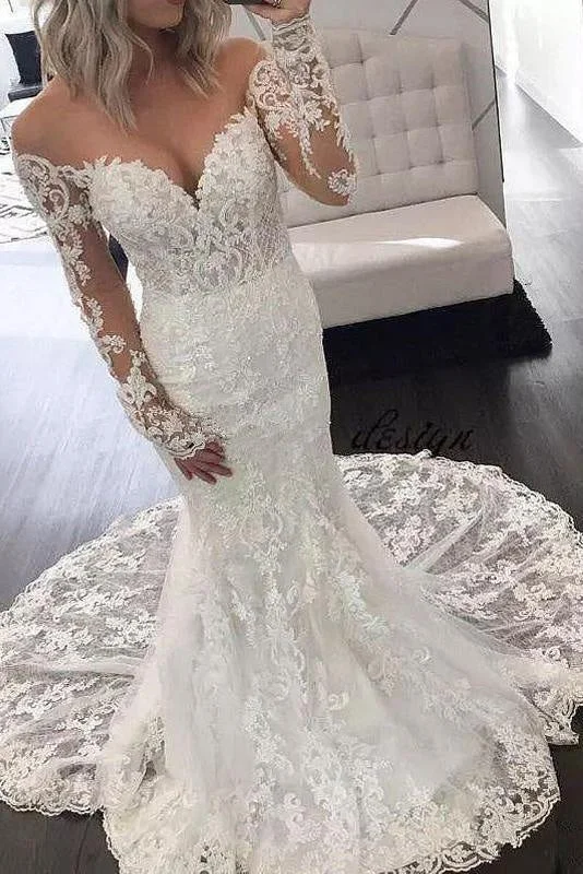 Illusion Sleeve Lace Mermaid Gorgeous Long Wedding Dress Casual Women's Japanese 
