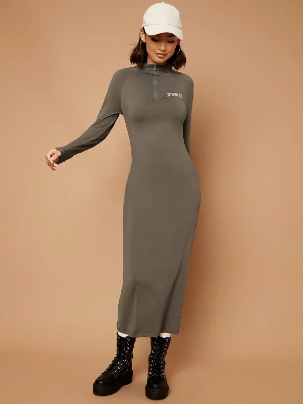 Letter Zipper Long Sleeve Stand Collar Pencil Natural Long Dress Stylish Women's Tropical 