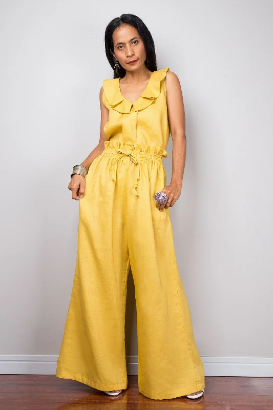 Yellow linen wide leg palazzo pants Artistic Women's Hand - painted