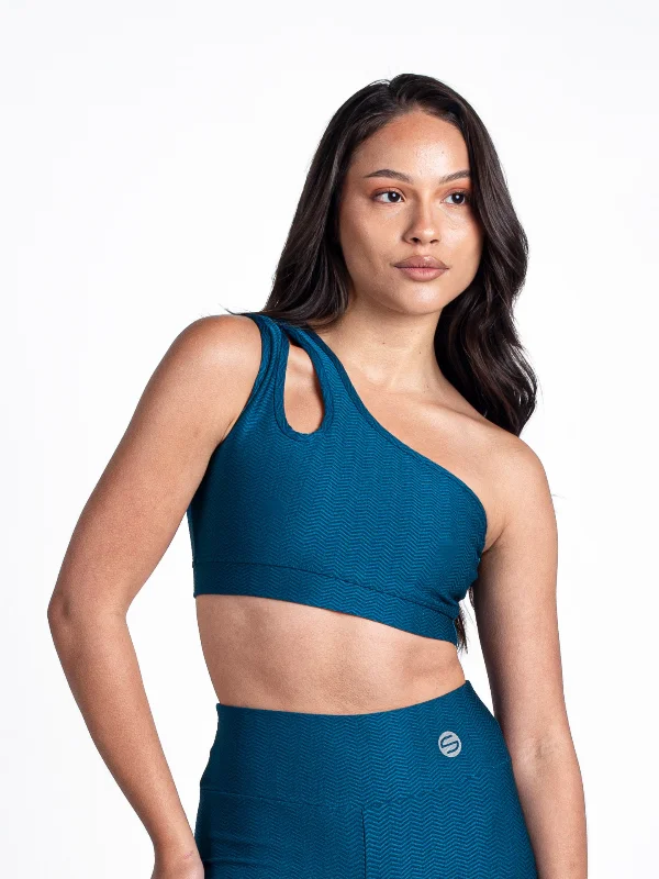 Monogram One Shoulder Top-Aqua