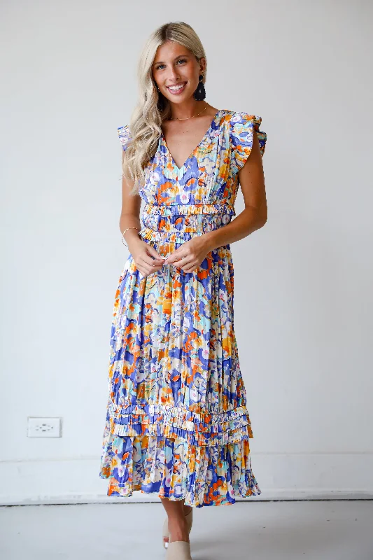 FINAL SALE - Ethereal Muse Royal Blue Satin Floral Midi Dress Elegant Women's Formal 