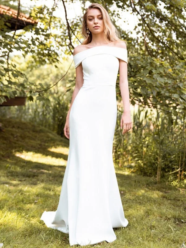 White Simple Wedding Dress Bateau Neck Sleeveless Natural Waist Backless Satin Fabric Long Mermaid Bridal Gowns