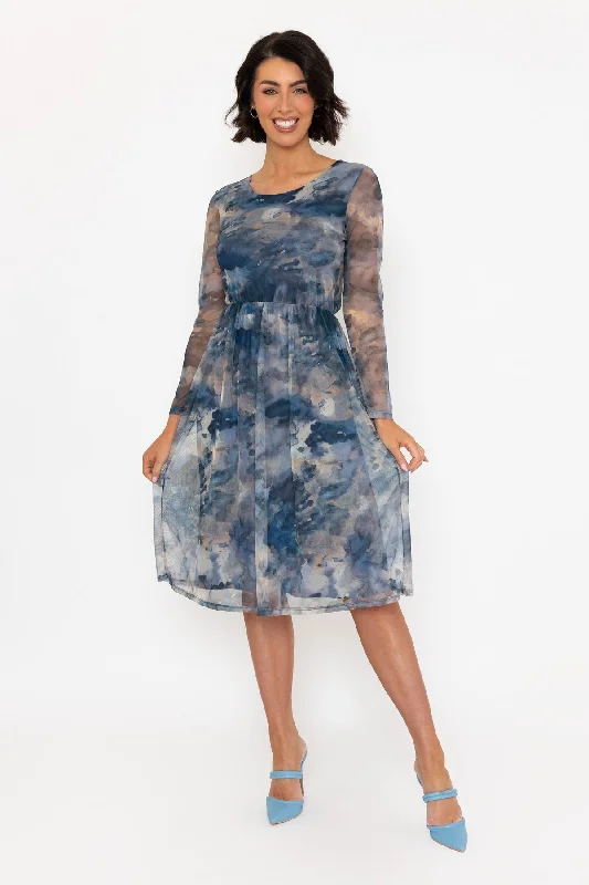 Blue Round Neck Mesh Midi Dress French