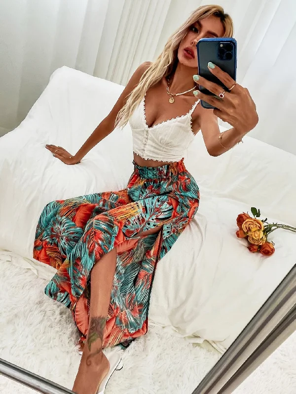 Boho Plants Split Thigh Natural Long Women Pants Athletic Women's 
