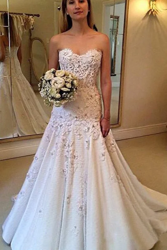 Elegant Sweetheart with Lace Appliques Strapless Wedding Dress Casual Women's Loose - fitting Elegant Sweetheart with Lace Appliques Strapless Wedding Dress Casual Women's Loose - fitting
