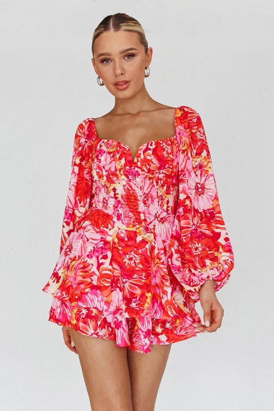 Evanice Shirred Waist Romper Floral Red Tough Women's Military - inspired