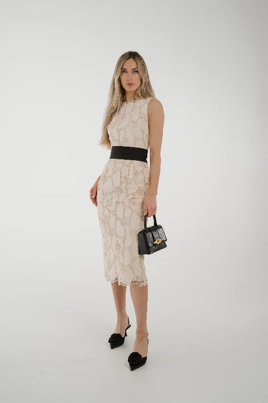 Kayla Embroidered Midi Dress in Neutral