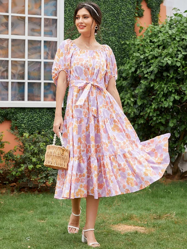 All Over Print Belted Half Sleeve Scoop Neck Flounce High Waist Long Dress