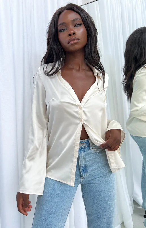 Khan Cream Satin Shirt Cozy Women's Sherpa - lined
