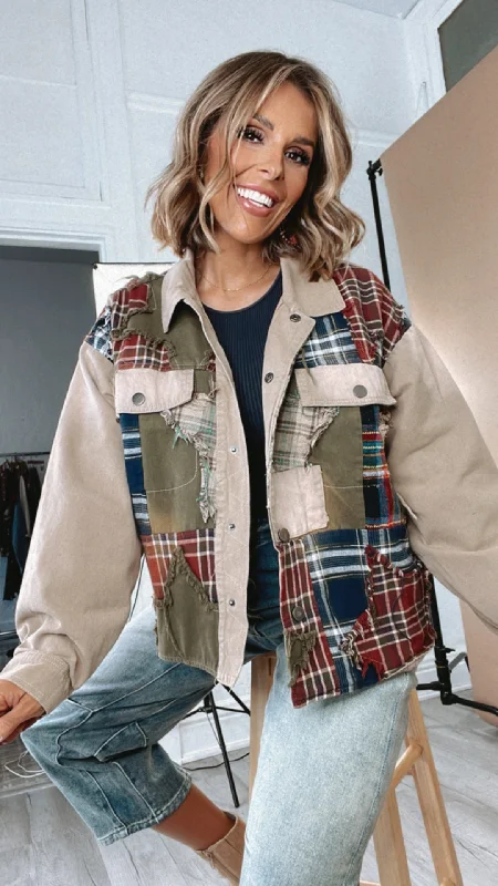 Care Free Plaid Patch Button Down Jacket, Khaki Athletic Women's 