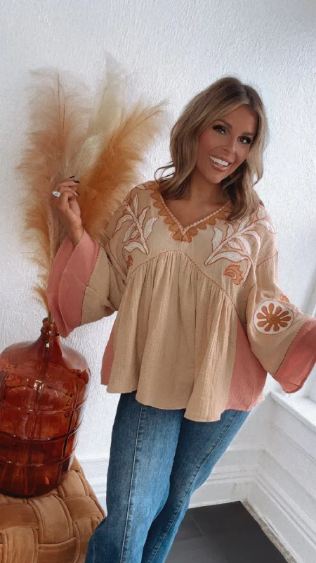 Endless Love Embroidered Top, Khaki performance