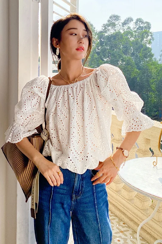 White Embroidered Lace Puff Sleeve Top Artistic Women's Avant - 
