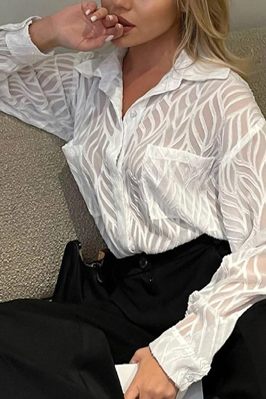 Sheer Textured Button-Up Long Sleeve Blouse Business
