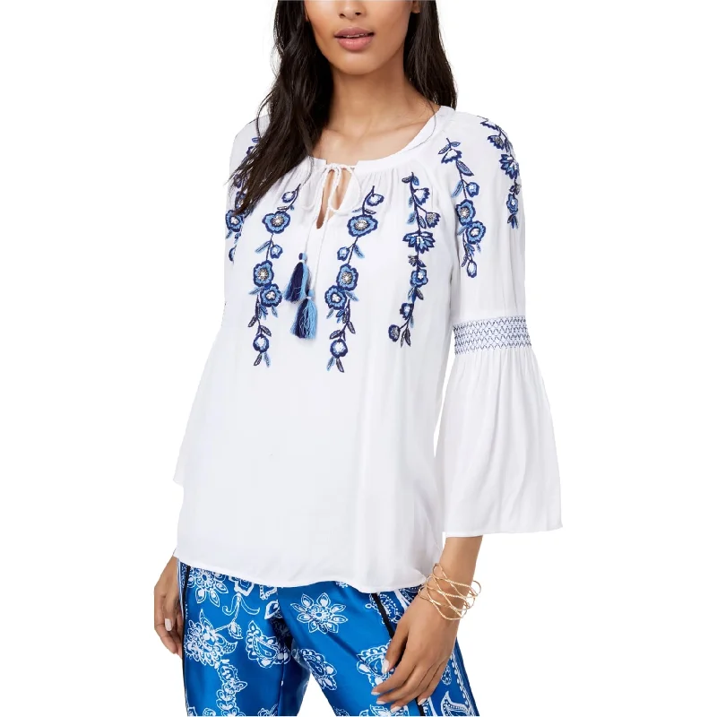 I-N-C Womens Embroidered Peasant Blouse, White, Medium Classic Women's Pin - striped
