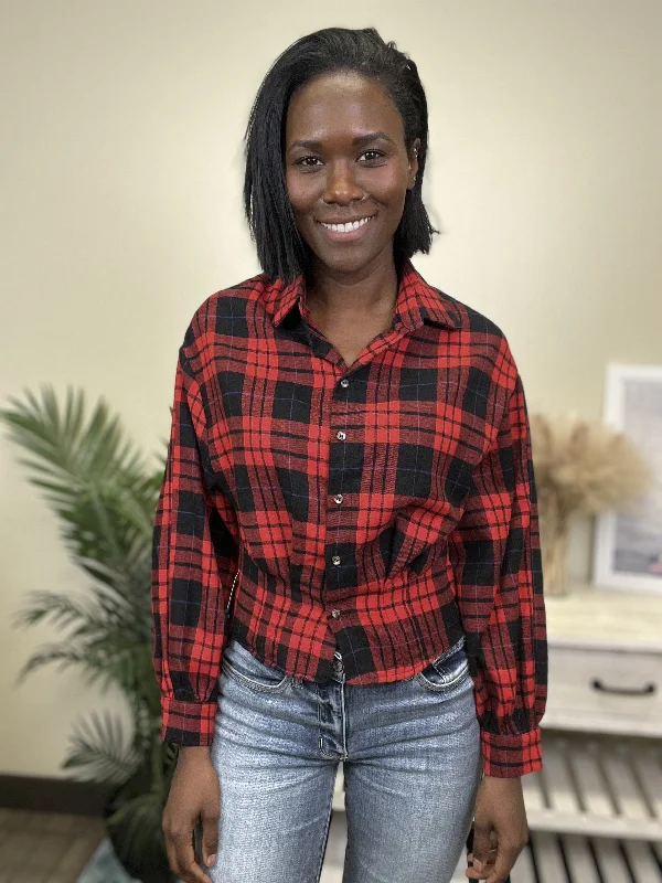 Party Night Women's Plaid Button Down Long Sleeve Top Trendy Women's 