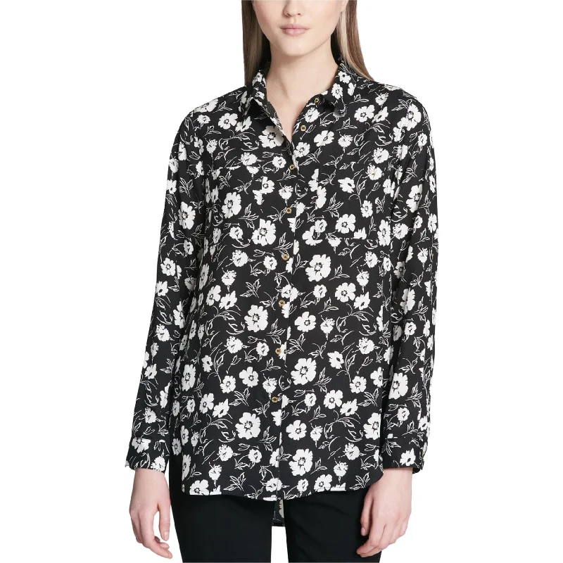 Calvin Klein Womens Floral Button Up Shirt, Black, X-Small Relaxed Women's 
