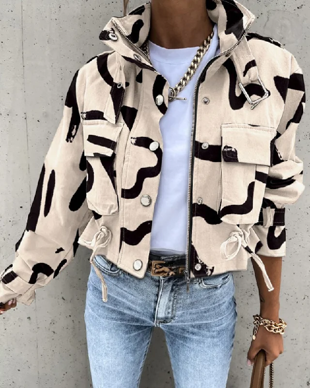 Abstract Print Zip-Up Coat Refined Women's Classic 