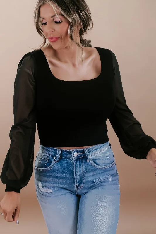 The IT Factor Mesh Sleeve Top, Black Youthful Women's Anime - inspired