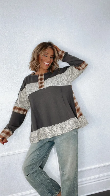POL: Leland Long Sleeve Lace & Plaid Detail Top Country