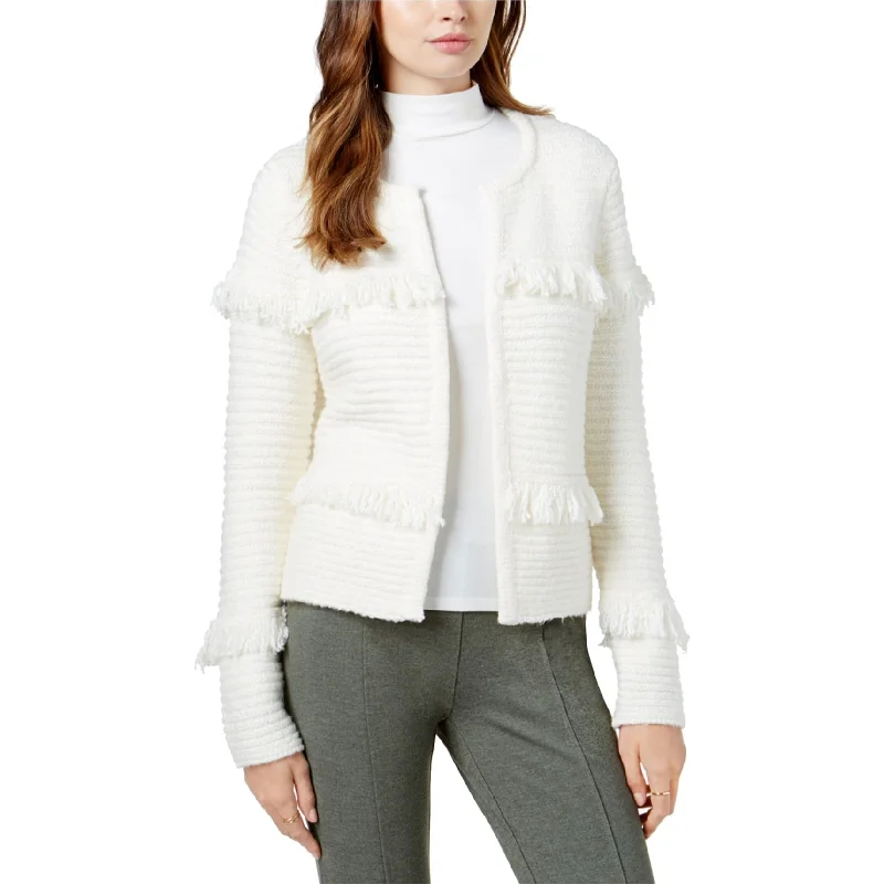 Kensie Womens Fringed Cardigan Sweater, Off-White, X-Large Disco