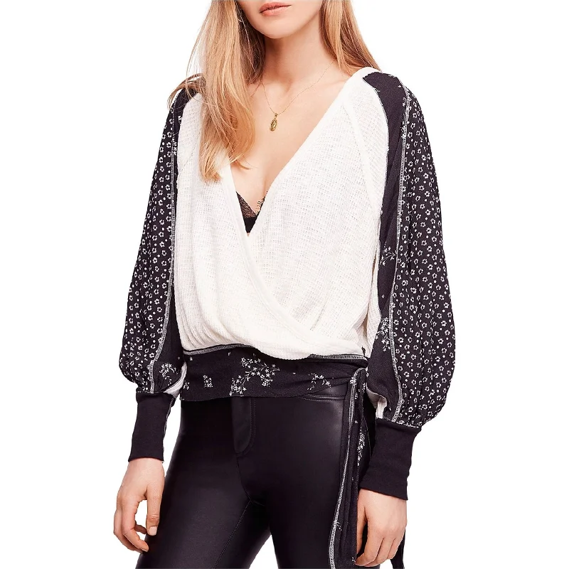 Free People Womens Auxton Thermal Wrap Blouse, Off-White, Large Modern Women's 